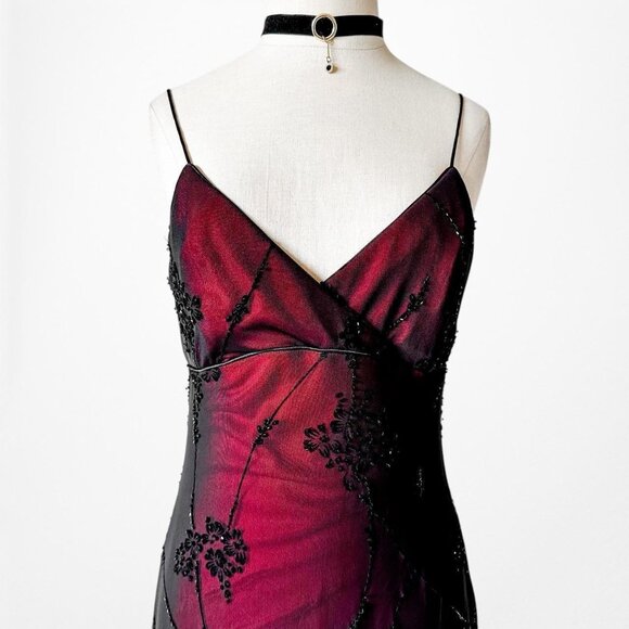 Vintage Burgundy Red Floral Velvet Beaded Mesh Bodycon Maxi Dress Size M/L - Picture 5 of 8